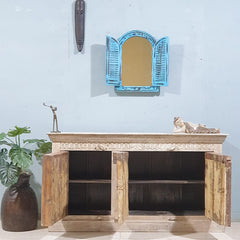 Indian Handmade Carved Solid Wood 3 Door Whitewash Frame With Natural Doors Sideboard 150x40x82Cm