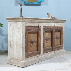 Indian Handmade Carved Solid Wood 3 Door Whitewash Frame With Natural Doors Sideboard 150x40x82Cm