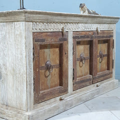 Indian Handmade Carved Solid Wood 3 Door Whitewash Frame With Natural Doors Sideboard 150x40x82Cm