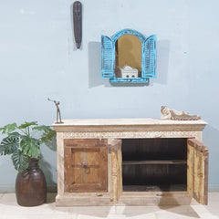 Indian Handmade Carved Solid Wood 3 Door Whitewash Frame With Natural Doors Sideboard 150x40x82Cm