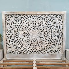 Indian Solid Wood Carved Dynasty Bed Queen Size Whitewash