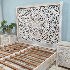 Indian Solid Wood Carved Dynasty Bed Queen Size Whitewash