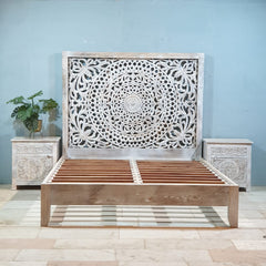 Indian Solid Wood Carved Dynasty Bed Queen Size Whitewash