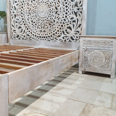 Indian Solid Wood Carved Dynasty Bed Queen Size Whitewash