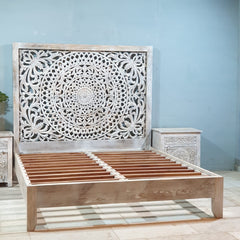 Indian Solid Wood Carved Dynasty Bed Queen Size Whitewash