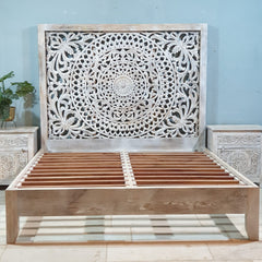 Indian Solid Wood Carved Dynasty Bed Queen Size Whitewash