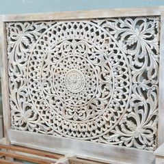 Indian Solid Wood Carved Dynasty Bed Queen Size Whitewash