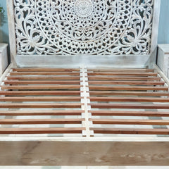 Indian Solid Wood Carved Dynasty Bed Queen Size Whitewash