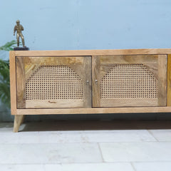 The Gileteen Handmade Solid Mango Wood Rattan Arch Doors Media Console TV Unit