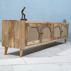 The Gileteen Handmade Solid Mango Wood Rattan Arch Doors Media Console TV Unit