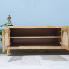 The Gileteen Handmade Solid Mango Wood Rattan Arch Doors Media Console TV Unit