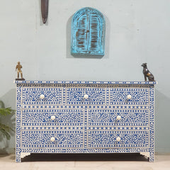 Bone Inlay Amira Classic Blue White Chest of Drawers 7Drawer Dresser Floral Pattern 150x45x85cm