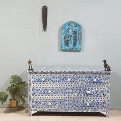 Bone Inlay Amira Classic Blue White Chest of Drawers 7Drawer Dresser Floral Pattern 150x45x85cm
