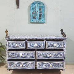 Bone Inlay Amira Classic Blue White Chest of Drawers 7Drawer Dresser Floral Pattern 150x45x85cm