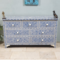 Bone Inlay Amira Classic Blue White Chest of Drawers 7Drawer Dresser Floral Pattern 150x45x85cm