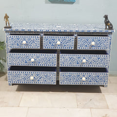Bone Inlay Amira Classic Blue White Chest of Drawers 7Drawer Dresser Floral Pattern 150x45x85cm