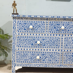 Bone Inlay Amira Classic Blue White Chest of Drawers 7Drawer Dresser Floral Pattern 150x45x85cm