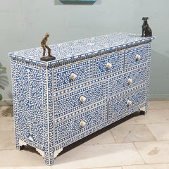 Bone Inlay Amira Classic Blue White Chest of Drawers 7Drawer Dresser Floral Pattern 150x45x85cm