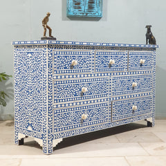 Bone Inlay Amira Classic Blue White Chest of Drawers 7Drawer Dresser Floral Pattern 150x45x85cm