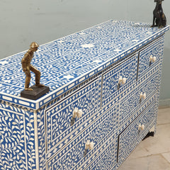 Bone Inlay Amira Classic Blue White Chest of Drawers 7Drawer Dresser Floral Pattern 150x45x85cm