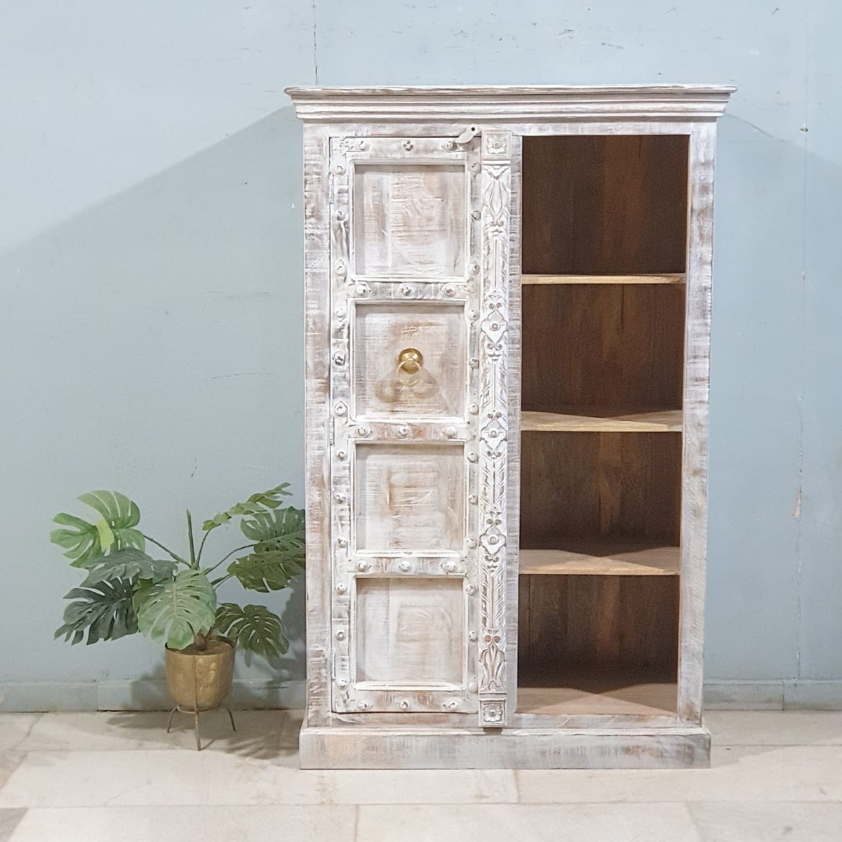 Indian Handmade Wooden Carved 1 Door Book Case Whitewash