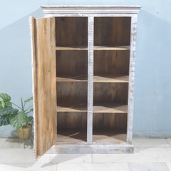 Indian Handmade Wooden Carved 1 Door Book Case Whitewash