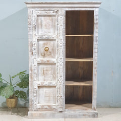 Indian Handmade Wooden Carved 1 Door Book Case Whitewash