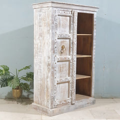 Indian Handmade Wooden Carved 1 Door Book Case Whitewash