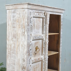 Indian Handmade Wooden Carved 1 Door Book Case Whitewash