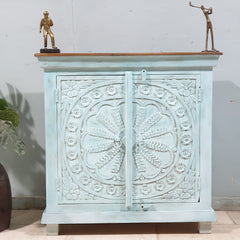 MARGARET Urban Loft Handmade Solid Mango Wood Carved 2 Doors Cabinet in Blue