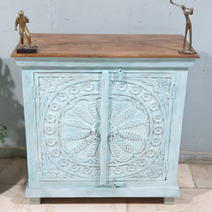 MARGARET Urban Loft Handmade Solid Mango Wood Carved 2 Doors Cabinet in Blue