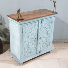 MARGARET Urban Loft Handmade Solid Mango Wood Carved 2 Doors Cabinet in Blue