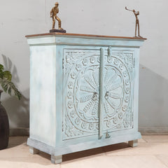 MARGARET Urban Loft Handmade Solid Mango Wood Carved 2 Doors Cabinet in Blue