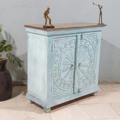 MARGARET Urban Loft Handmade Solid Mango Wood Carved 2 Doors Cabinet in Blue