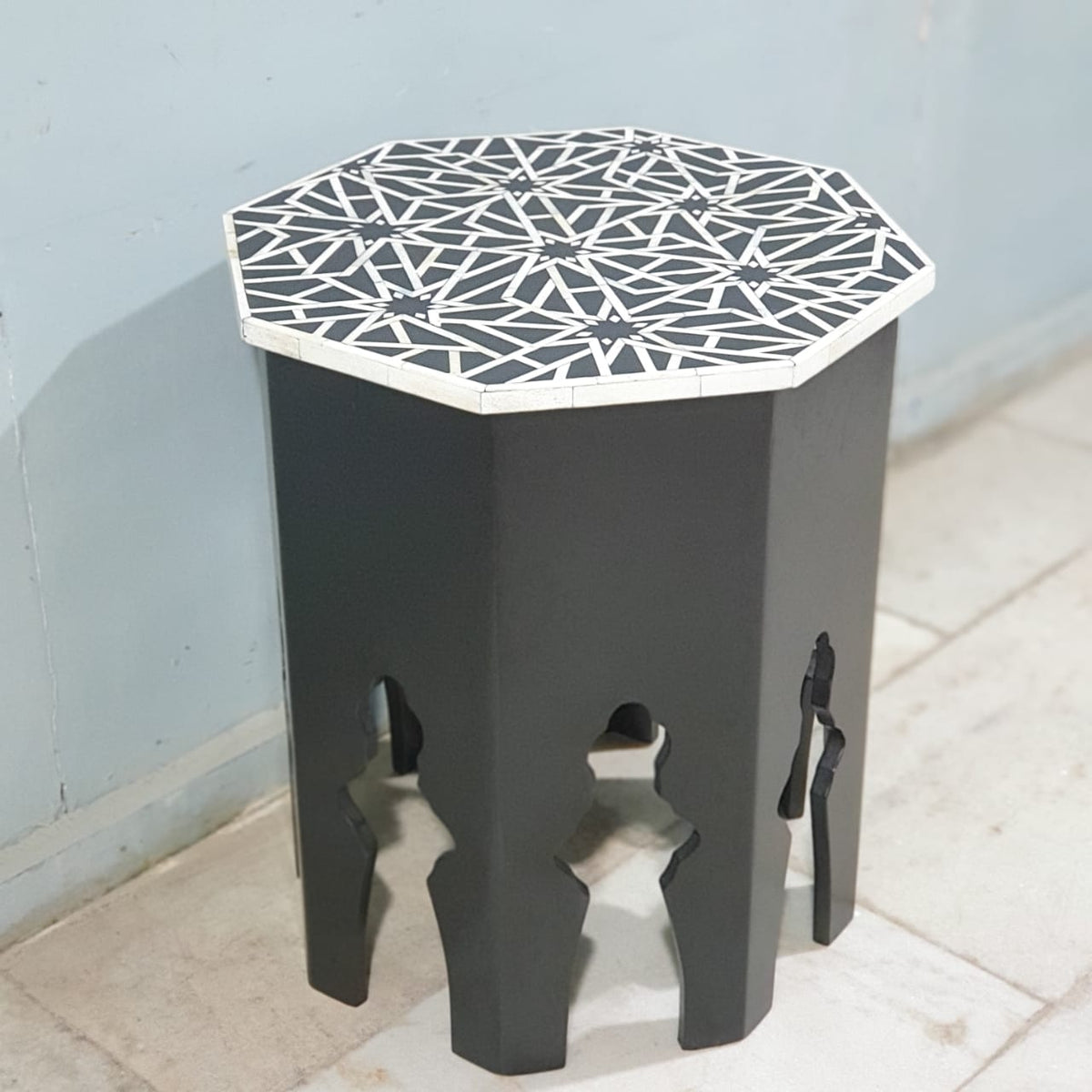 Bone Inlay Black and White Stool Moroccan Patter 50x50x60cm