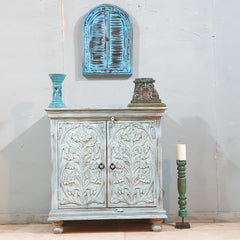 Indian Style Carved Solid Wood Cabinet Buffet 90X40X90 CM Bluewash