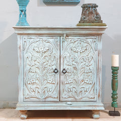 Indian Style Carved Solid Wood Cabinet Buffet 90X40X90 CM Bluewash