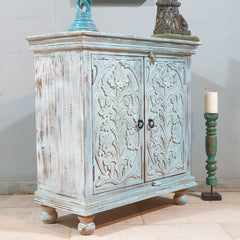 Indian Style Carved Solid Wood Cabinet Buffet 90X40X90 CM Bluewash