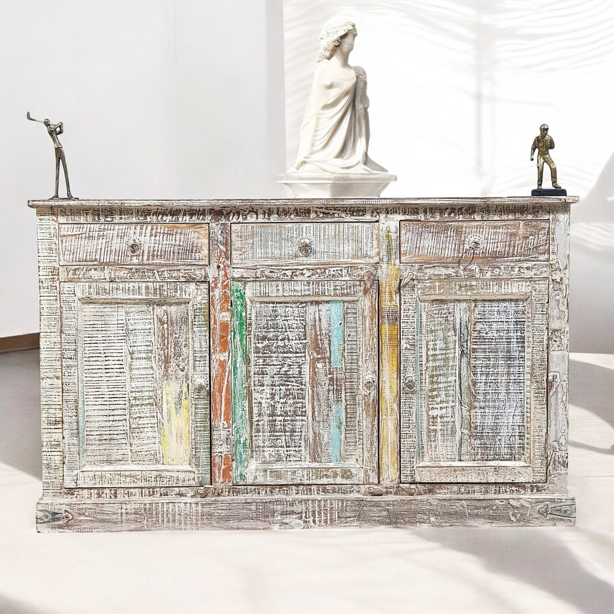 Rustica Reclaimed Wood Boat Timber Sideboard Buffet Whitewash 150X40X92 CM