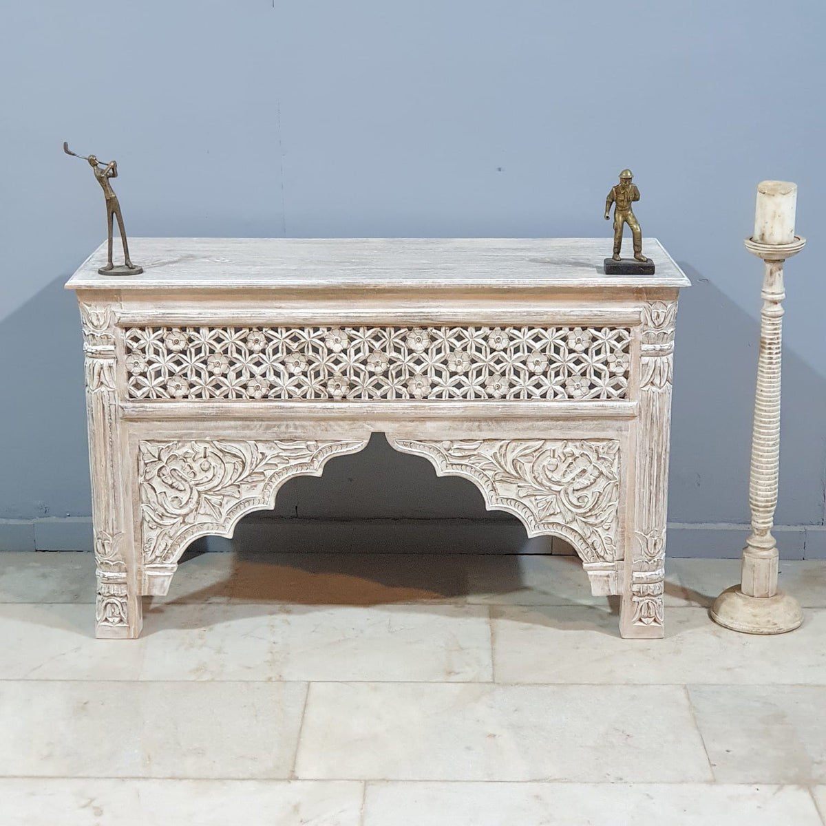 Mughal Mehrab Indian Hand Carved Jali Hall Table Console White 120x45x75 cm