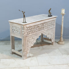 Mughal Mehrab Indian Hand Carved Jali Hall Table Console White 120cm