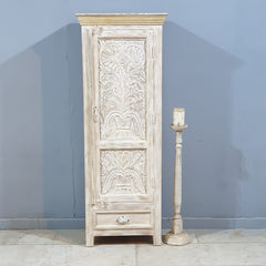 Floral Hand Craved Indian Wooden Carved Small Wardrobe Cabinet White