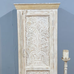 Floral Hand Craved Indian Wooden Carved Small Wardrobe Cabinet White