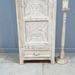 Floral Hand Craved Indian Wooden Carved Small Wardrobe Cabinet White