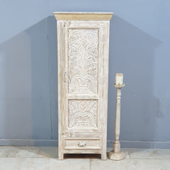 Floral Hand Craved Indian Wooden Carved Small Wardrobe Cabinet White