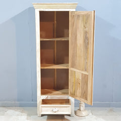 Floral Hand Craved Indian Wooden Carved Small Wardrobe Cabinet White