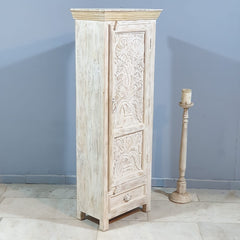 Floral Hand Craved Indian Wooden Carved Small Wardrobe Cabinet White