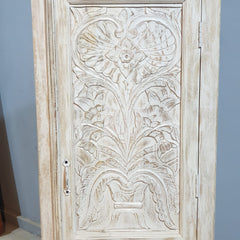 Floral Hand Craved Indian Wooden Carved Small Wardrobe Cabinet White