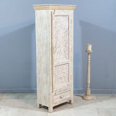 Floral Hand Craved Indian Wooden Carved Small Wardrobe Cabinet White