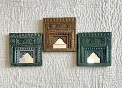 Mehrab Hand Carved Indian Solid Wood Temple Mirror Wall Decor Set of 3